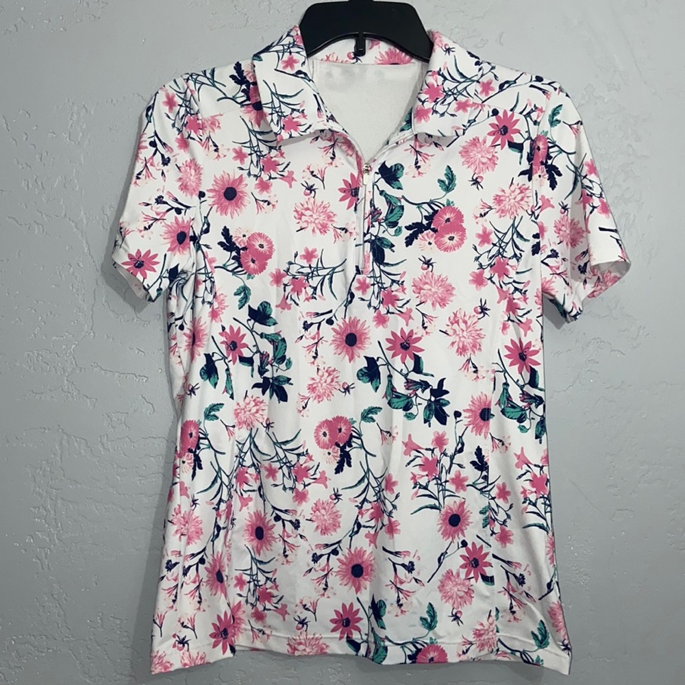 Lillie Green Golf Activewear Floral Top Shirt Zipper Back Pocket Size Small